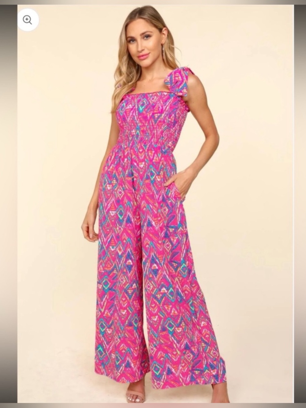 Haptics Wide-Leg Jumpsuit, Pink Ikat Geometric Print Smocked Bodice XL